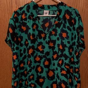 CAbi Medium Rita Top, Like-New Condition, Green with Orange Circles